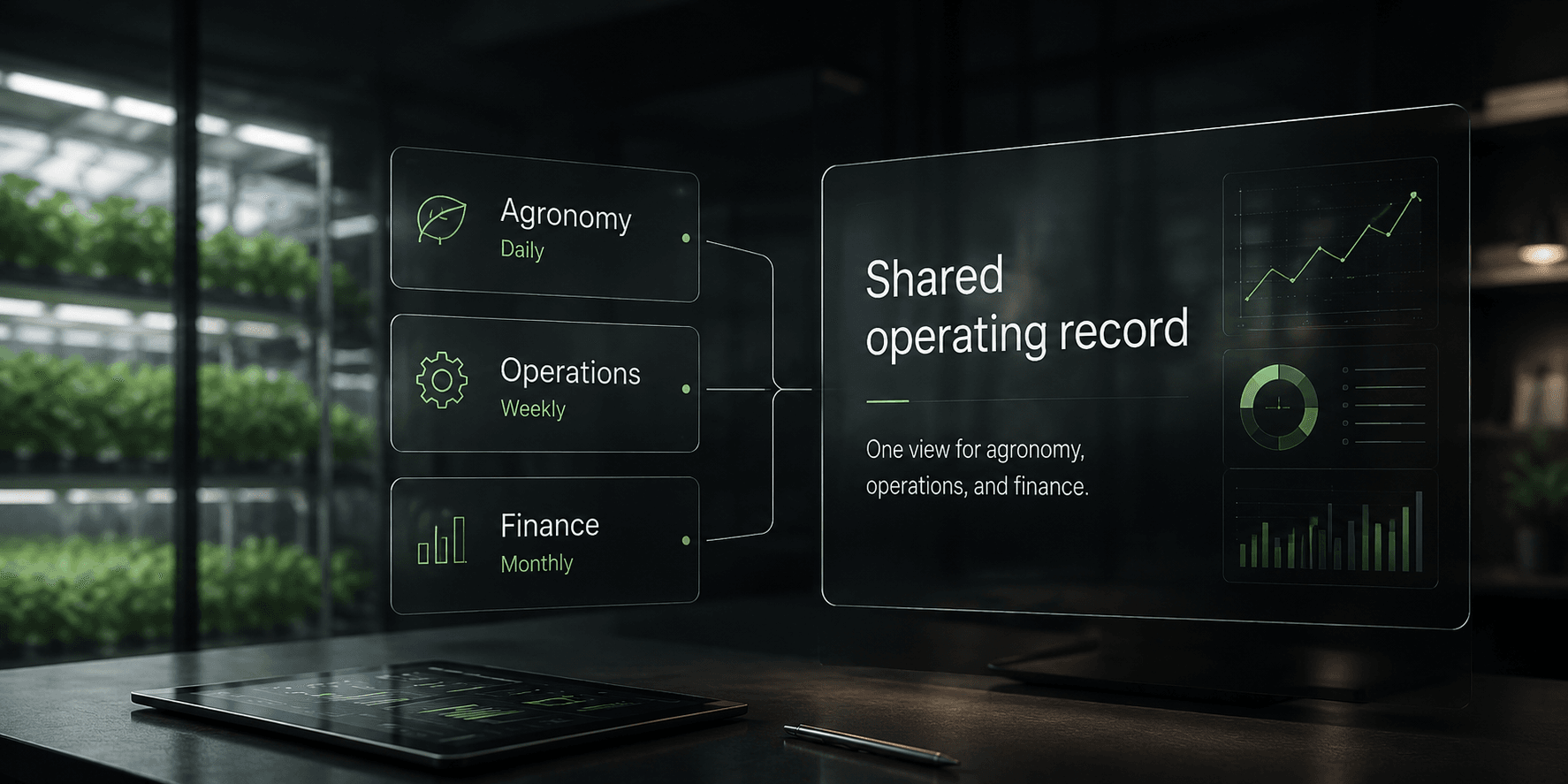 Diagram showing three separate data timelines (agronomy daily, operations weekly, finance monthly) and the shared operating record that aligns them.